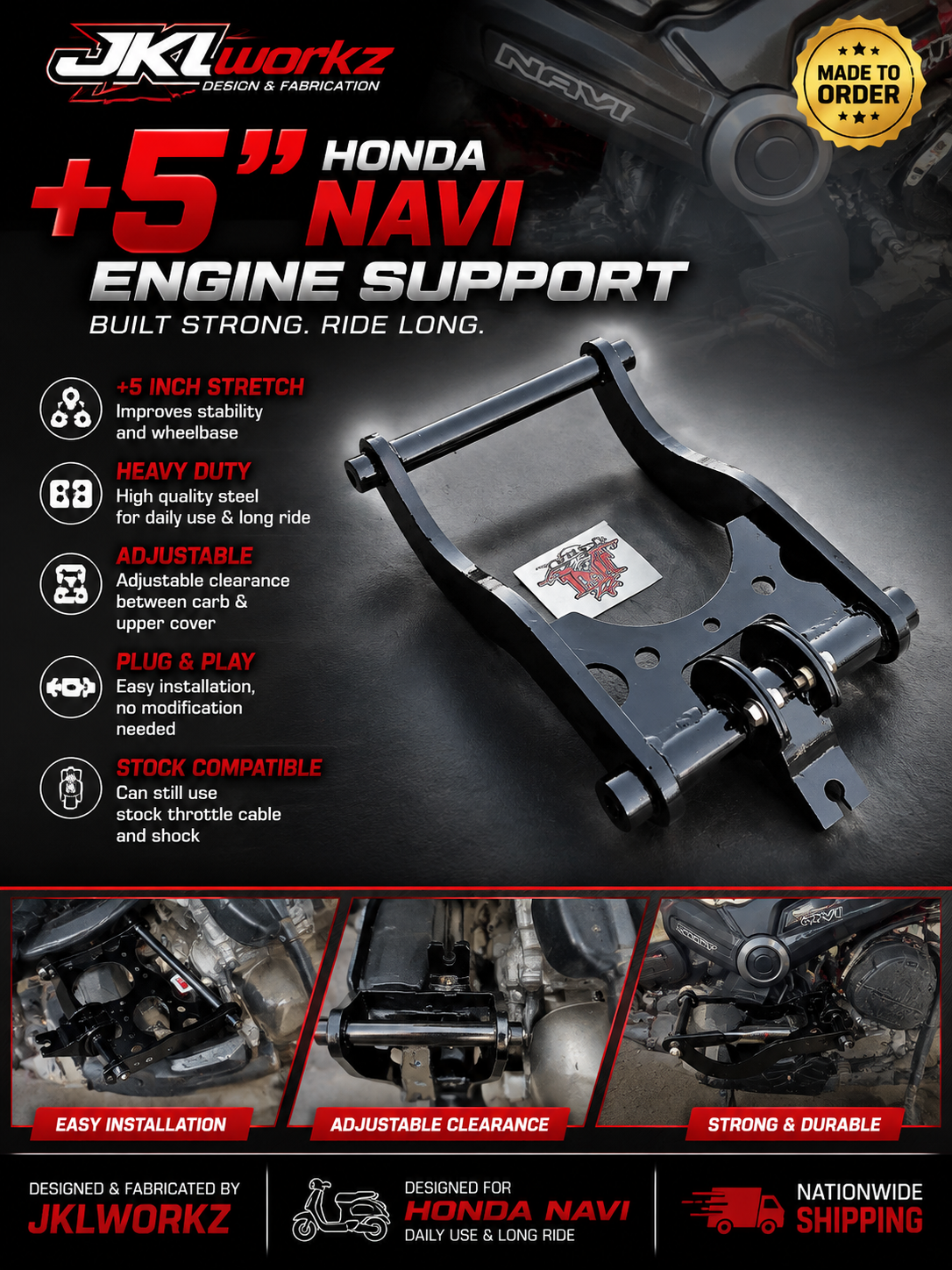 JKLworkz Honda Navi plus five inch engine support product and installation views